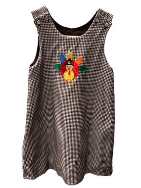 The Bailey Boys Girl Reversible Thanksgiving Turkey Applique Gingham JumperDress